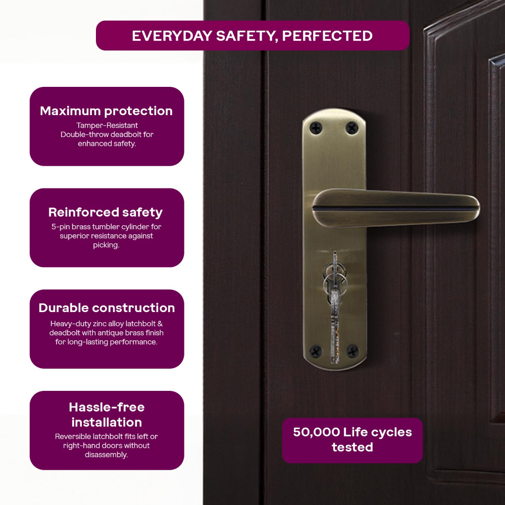 Godrej Mortise Lock I EuroProfile 60mm Cylinder | Double Throw Deadbolt | Common Keys | Reversible Latch | Antique Brass Finish | Anti-Corrosion Brass Body | 5 Year Warranty
